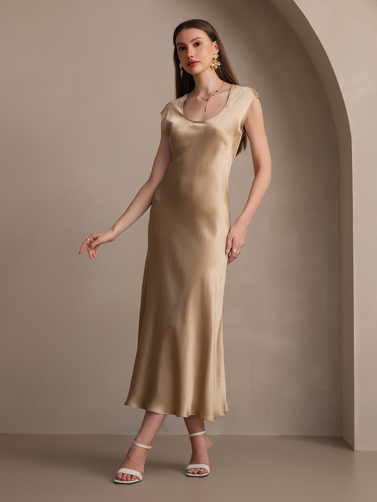 [Champán] SilkSilky-ES 19Momme Seda Dress 006