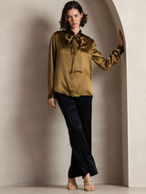 [Marrón] SilkSilky-ES Long Sleeve Tie Neck Blusas 005