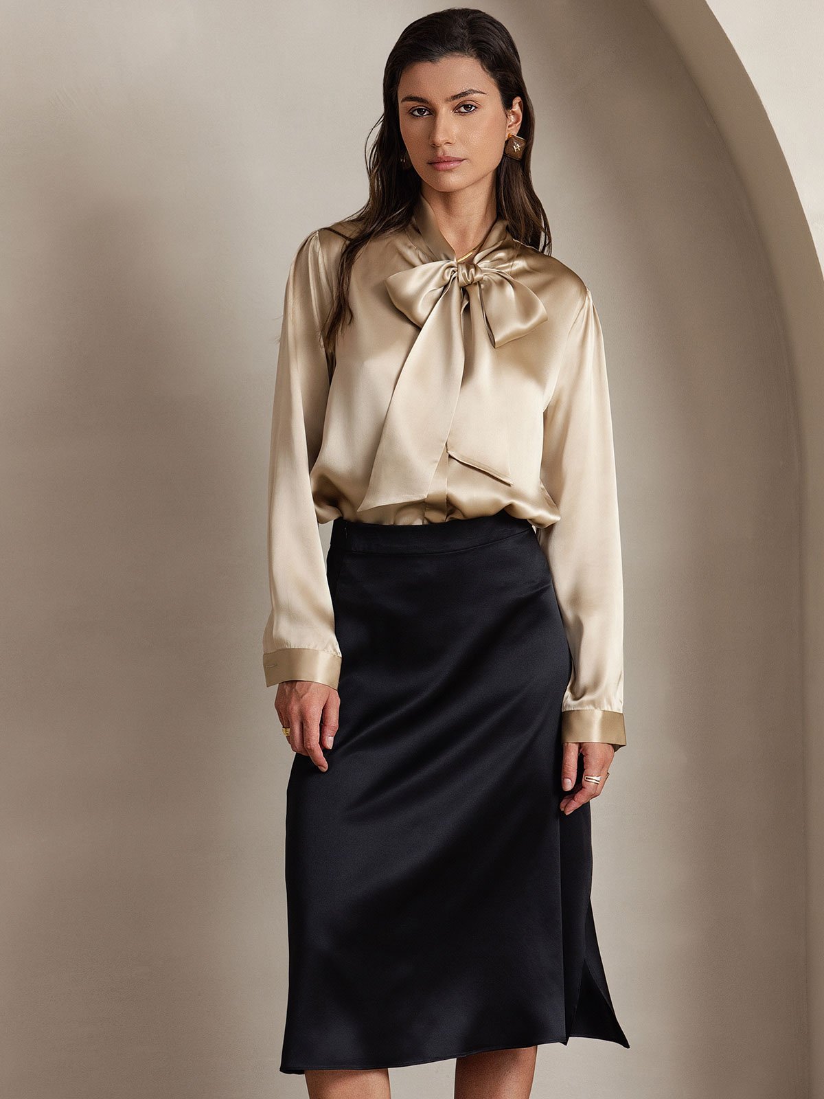 [Champán] SilkSilky-ES 19Momme Seda Manga larga Blouse 005