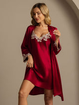 [Vino] SilkSilky-ES 3/4 Sleeve V Neck Conjunto de camisón y bata 003