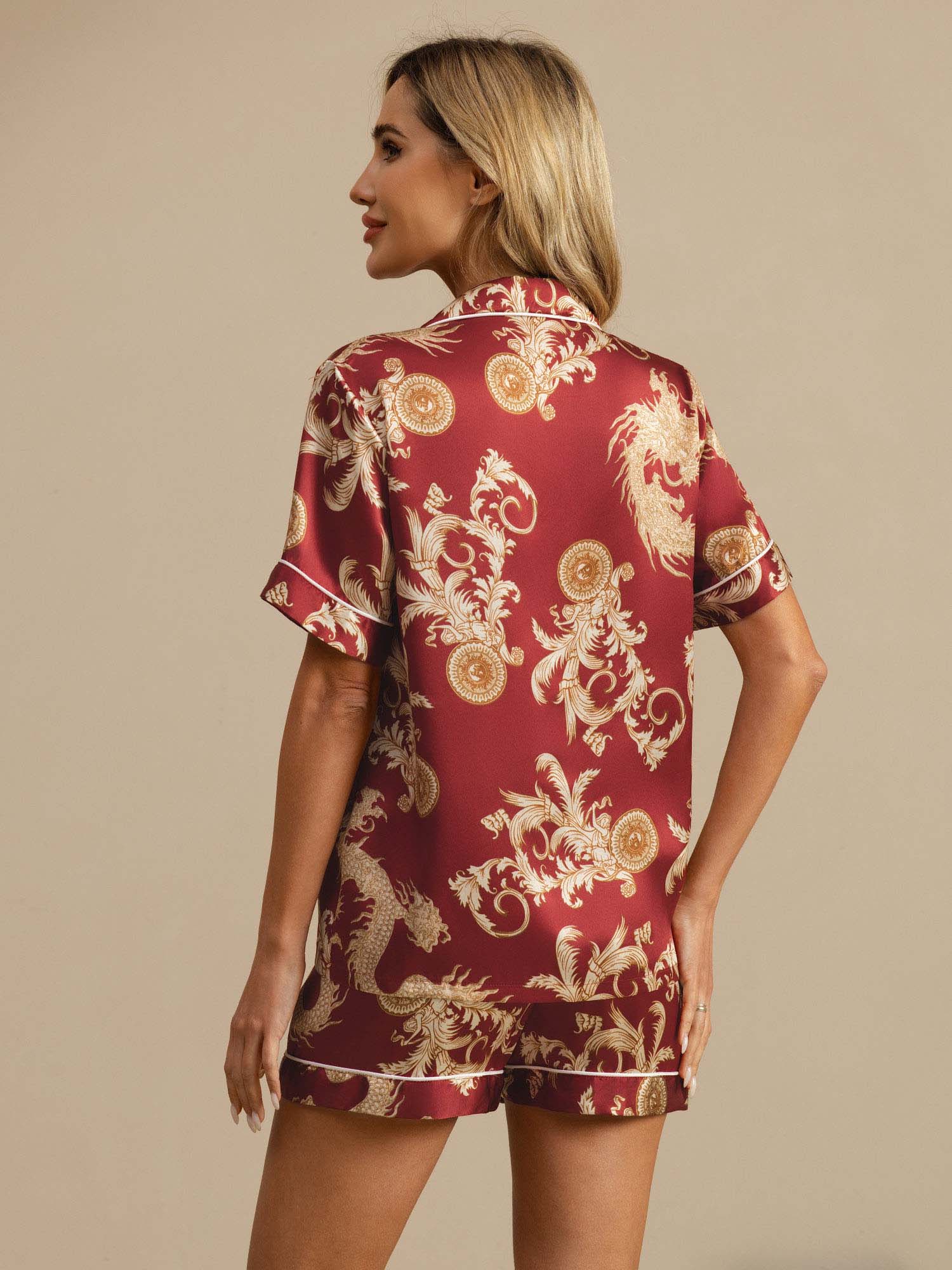 [Dragón Vino] SilkSilky-ES Short Sleeve Lapel Collar Pijamas de mujer 002