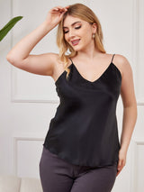[Negro] SilkSilky-ES Spalline Sottili Cuello en V Top de tirantes talla grande 001