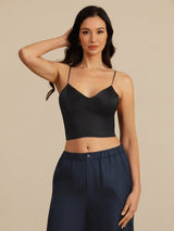 [Negro] SilkSilky-ES Spaghetti Strap V Neck Top de tirantes 005