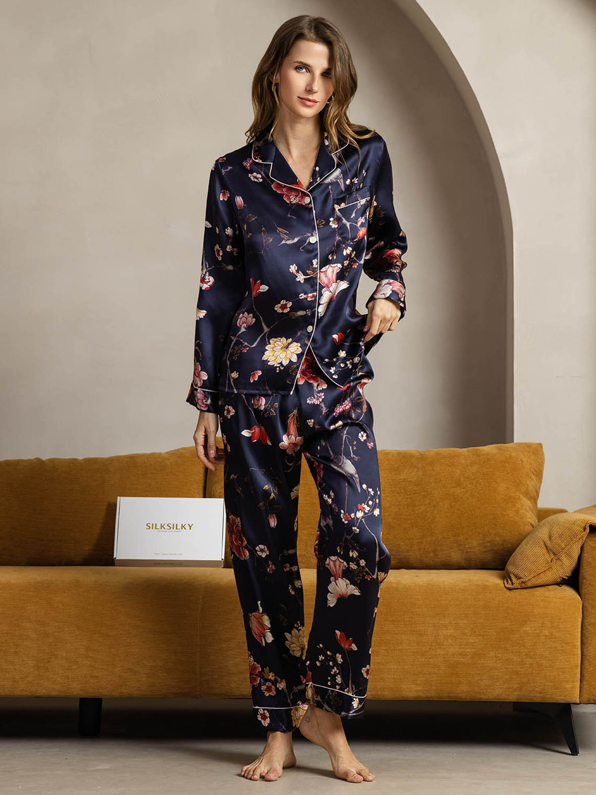 [Floral Azul Marino] SilkSilky-ES Seda Pura Womens Pajamas 004