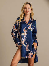 [Azul Oscuro] SilkSilky-ES Long Sleeve Lapel Collar Camisas de dormir 006
