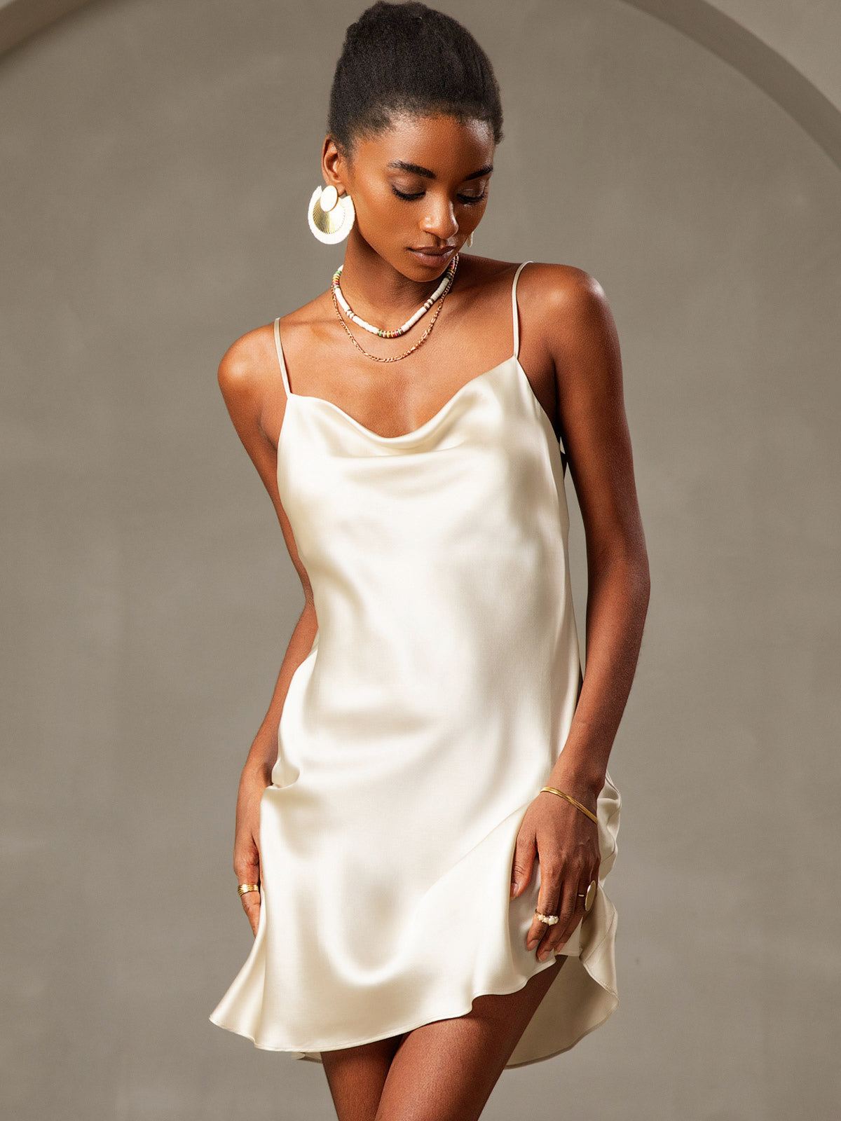 [Amarillo Claro] SilkSilky-ES Spalline Sottili Cuello Drapeado Vestido 001