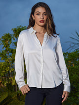 [Blanco] SilkSilky-ES 19Momme Manga larga Cuello con Solapa Blusas de Mujer 005