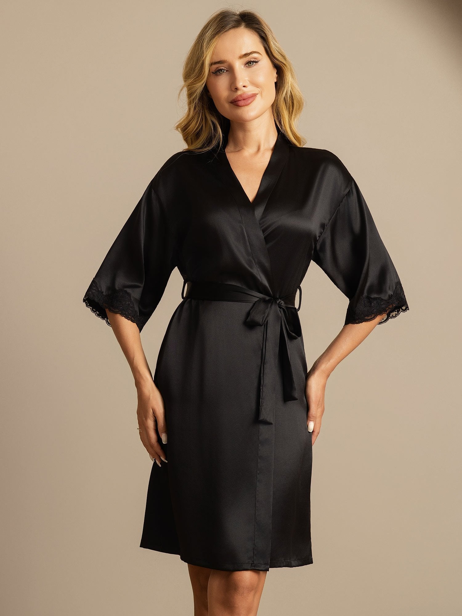 [Negro] SilkSilky-ES Seda Pura Womens Robe 003