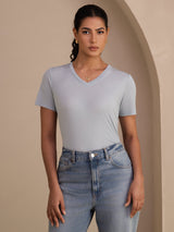 [Azul Grisáceo] SilkSilky-ES Short Sleeve V Neck Camisetas de Mujer 003