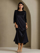 [Negro] SilkSilky-ES 3/4 Sleeve Round Neck Vestido 004