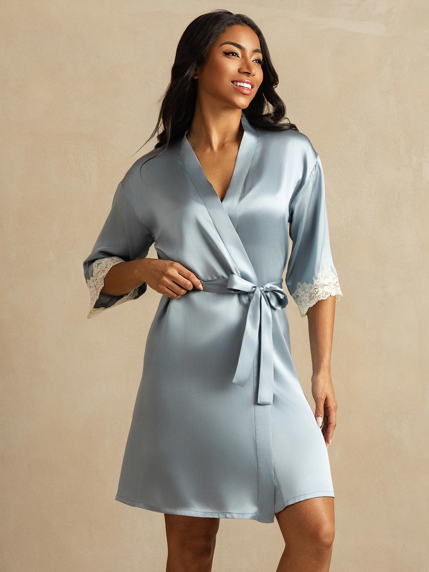 [Azul Grisáceo] SilkSilky-ES Seda Pura Womens Robe 001