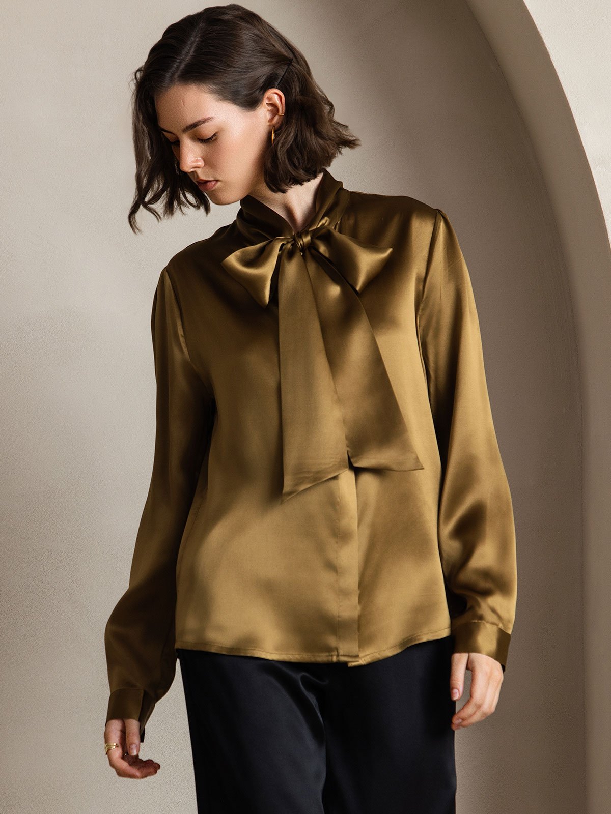 [Marrón] SilkSilky-ES 19Momme Seda Manga larga Blouse 001