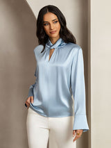[Azul Grisáceo] SilkSilky-ES 19Momme Seda Escote lágrima Blusas de Mujer 008