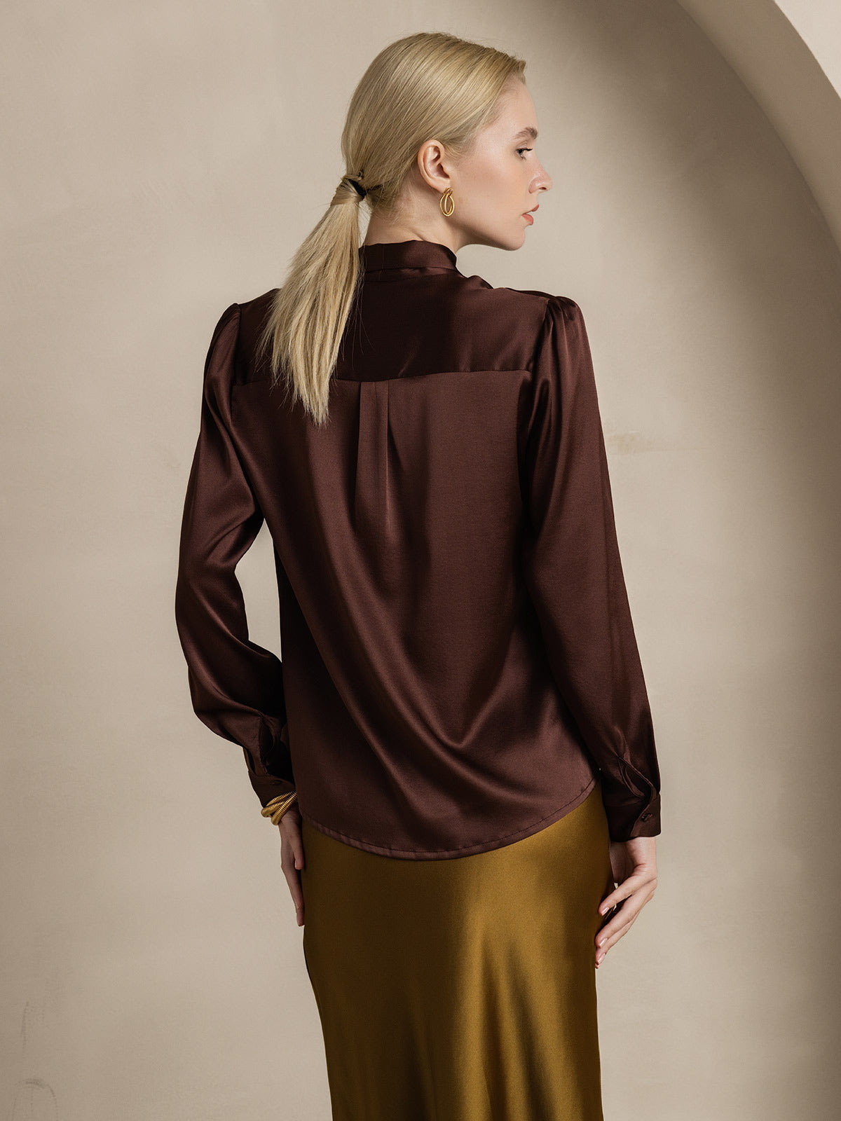 [Café] SilkSilky-ES 19Momme Seda Manga larga Corbata Blusas de Mujer 002