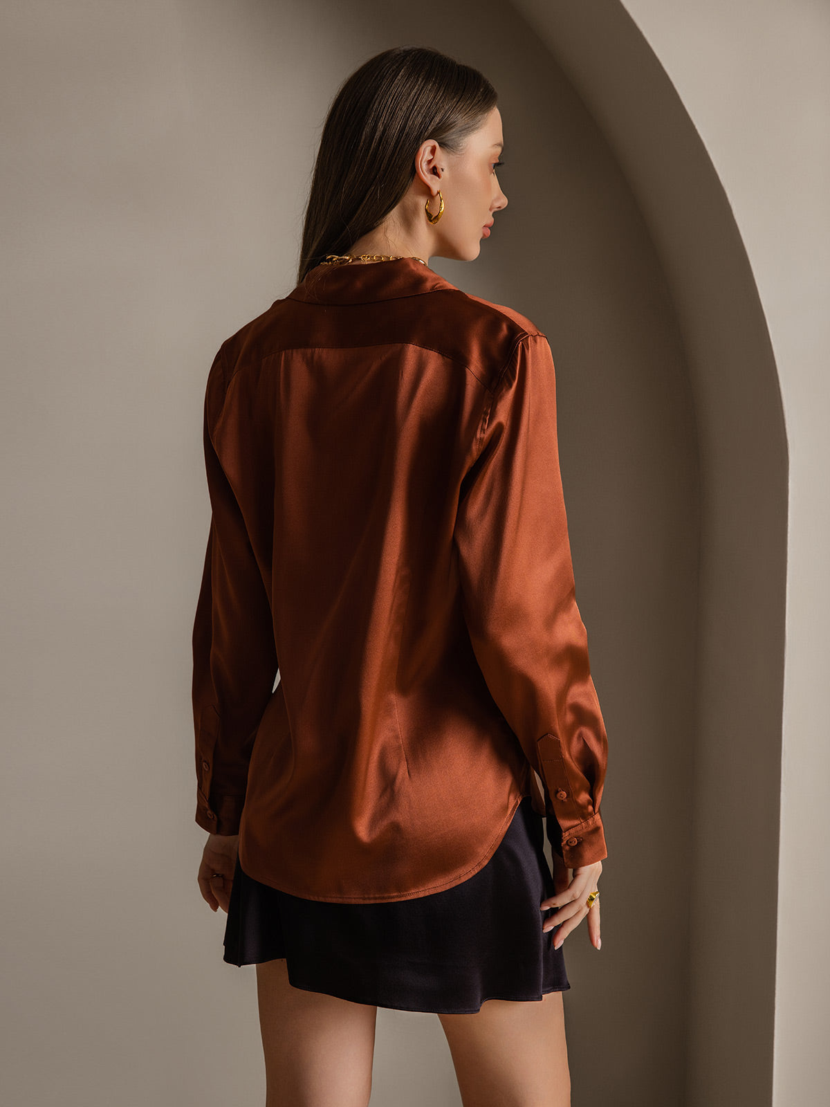 [Café] SilkSilky-ES Seda Lapel Collar Blusas de Mujer 002