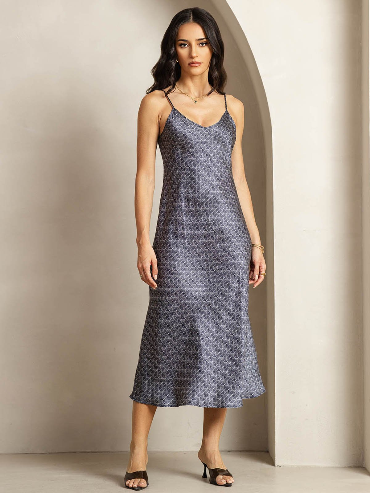 [Ginkgo Azul Marino] SilkSilky-ES 19Momme Seda Cuello en V Vestido 004