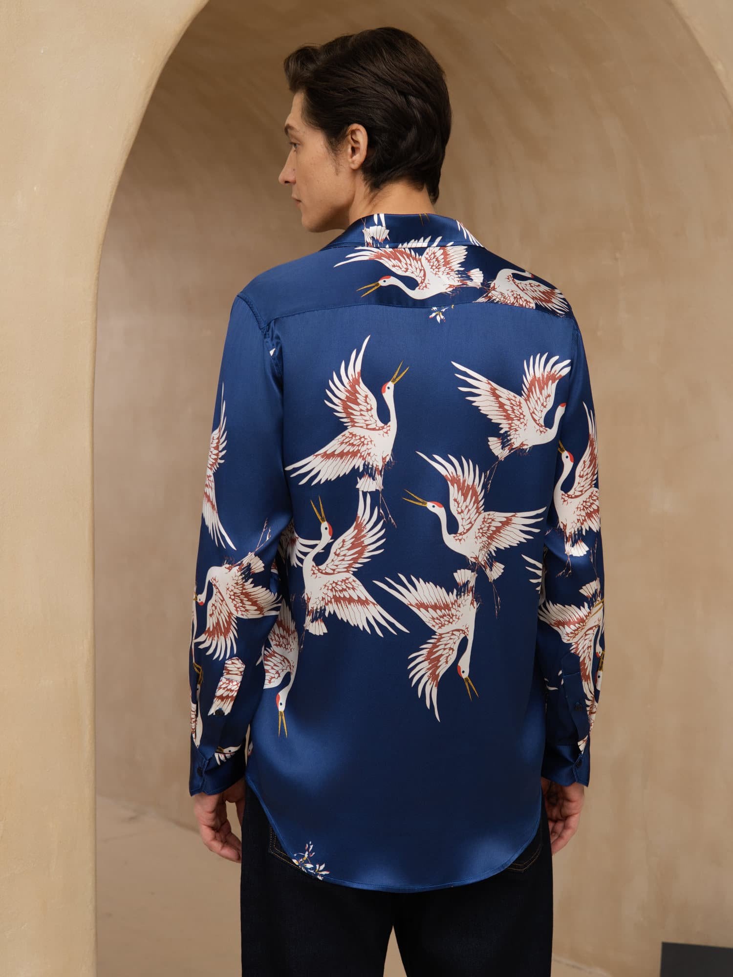 [Azul Oscuro] SilkSilky-ES 19Momme Manga larga Cuello con Solapa Camisa de hombre 002