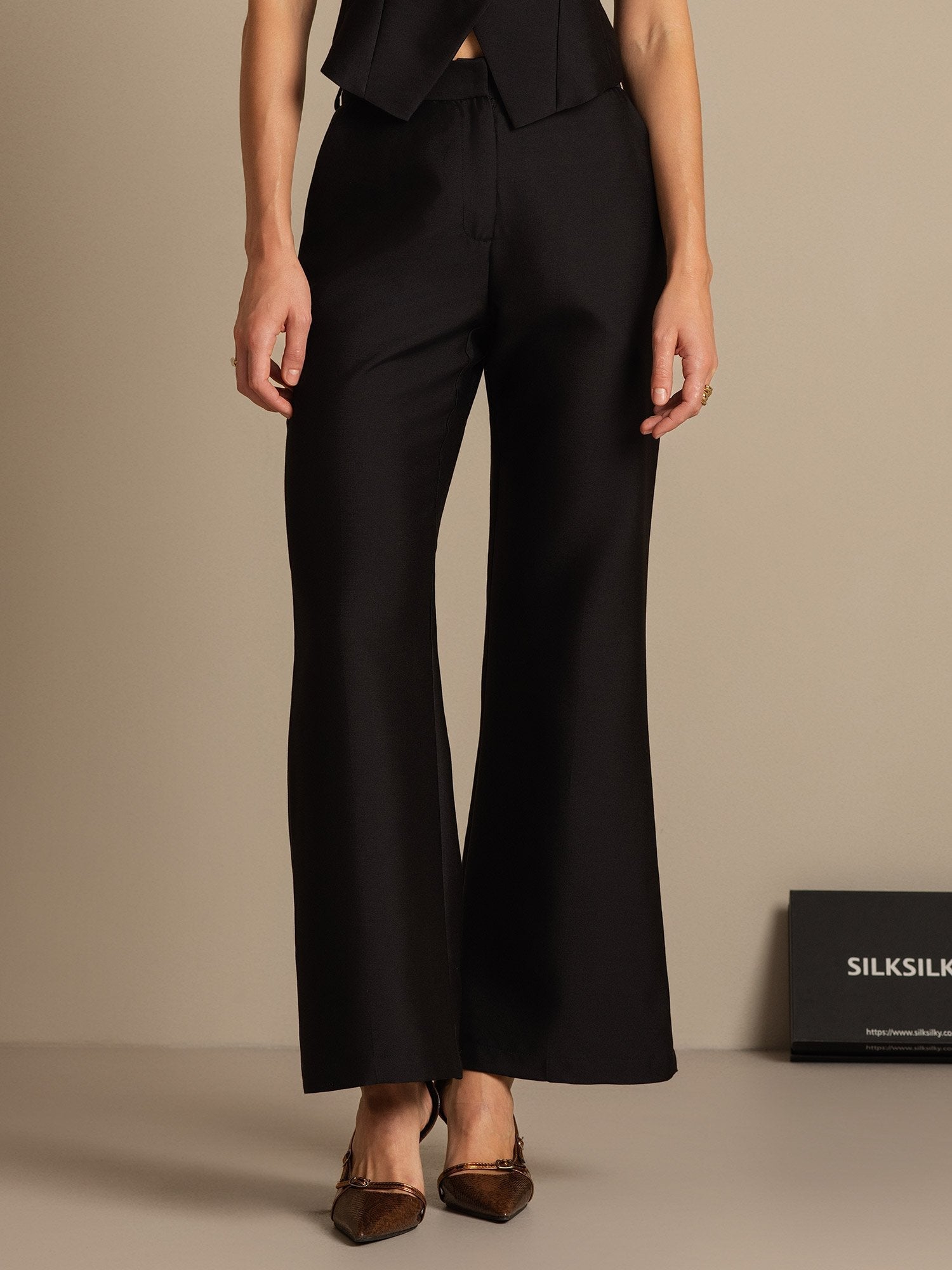 [Negro] SilkSilky-ES 32Momme Silk-Wool Blend Womens Pants 003,