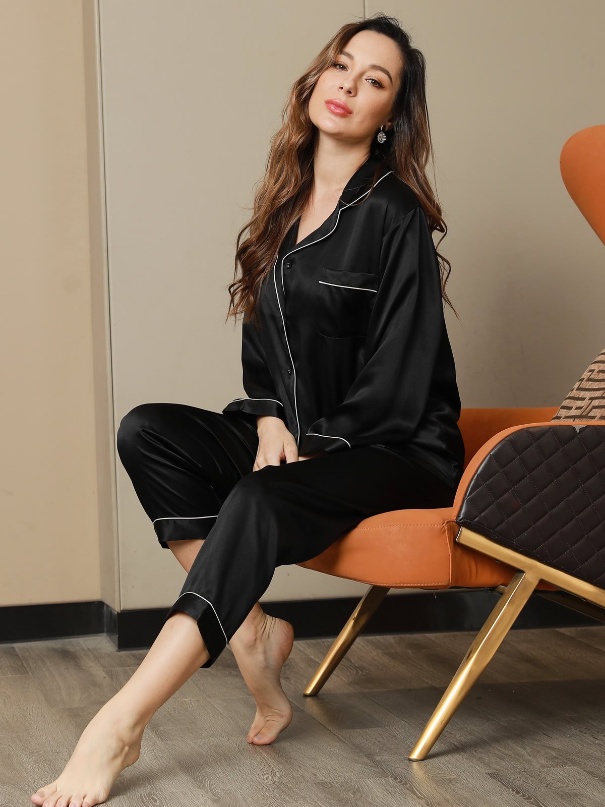 [Negro] SilkSilky-ES Seda Pura Womens Pajamas 004