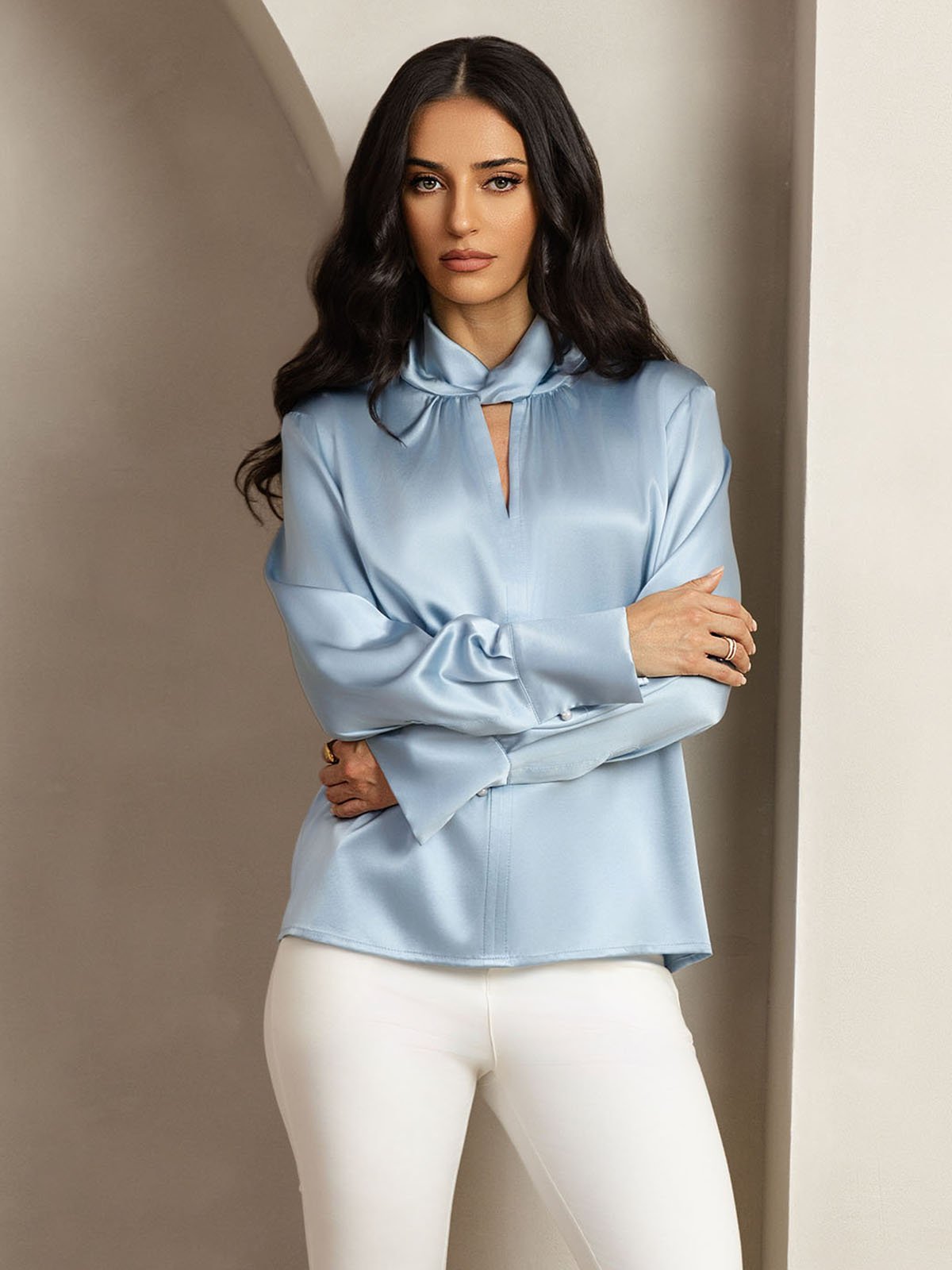 [AzulGrisáceo] SilkSilky-ES 19Momme Seda Escote lágrima Blusas de Mujer 006