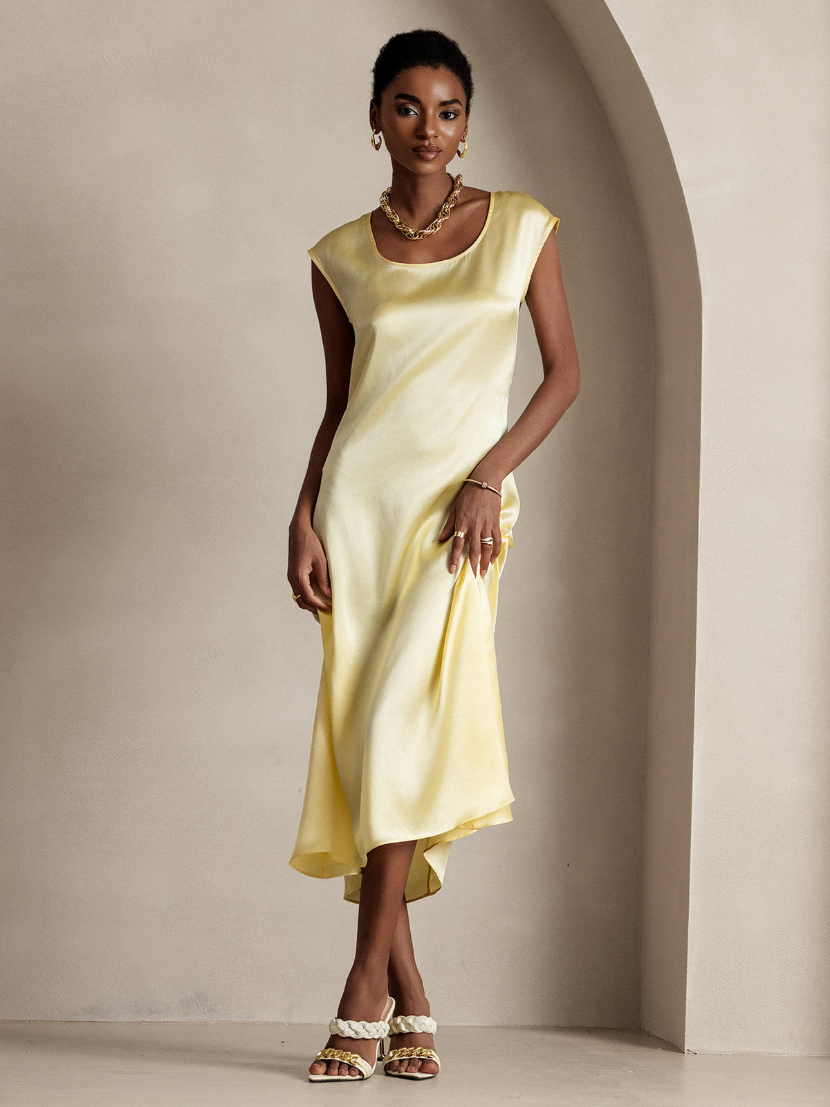 [Amarillo Claro] SilkSilky-ES 19Momme Seda Dress 001