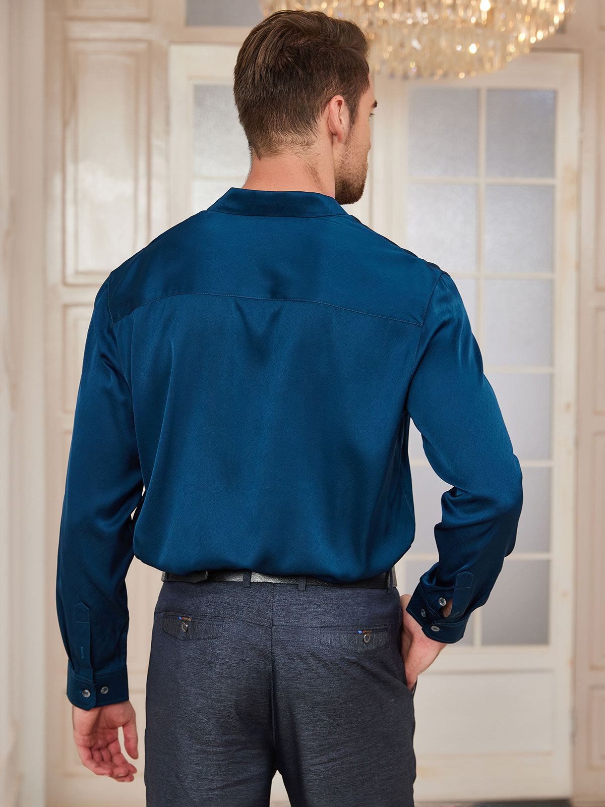 [Azul Real] SilkSilky-ES Seda Cuello Camisero Camisa de hombre 002