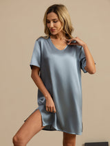 [Azul Grisáceo] SilkSilky-ES Half Sleeve V Neck Camisón 001