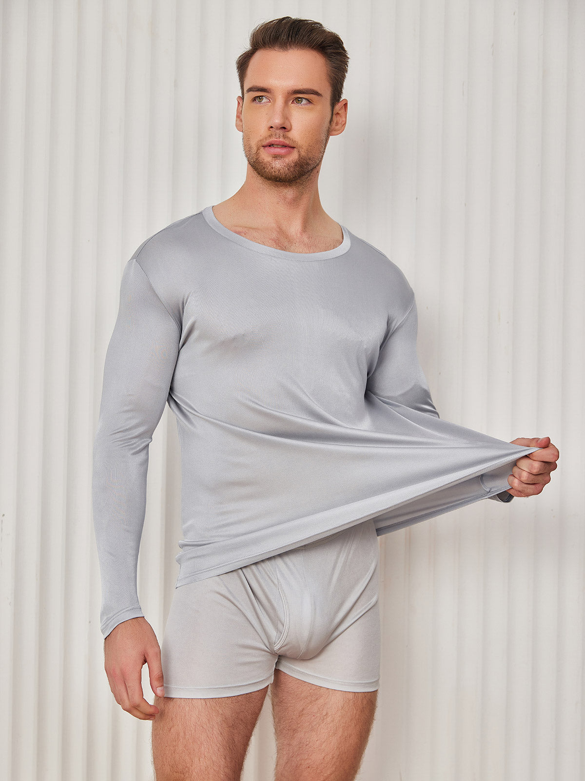 [Gris Claro] SilkSilky-ES Tejido de seda Mens T-Shirt 003