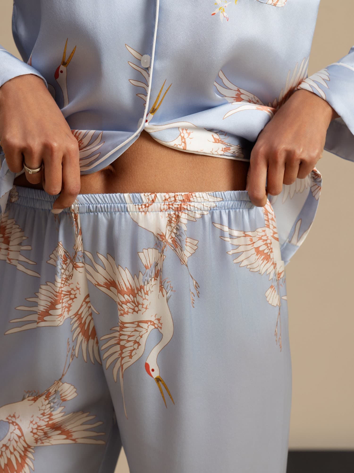 [Azul Claro] SilkSilky-ES 19Momme Manga larga Cuello de Muesca Pijamas de mujer 007