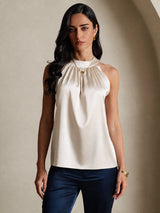 [Beige] SilkSilky-ES Sleeveless Halter Camisetas de Mujer 003