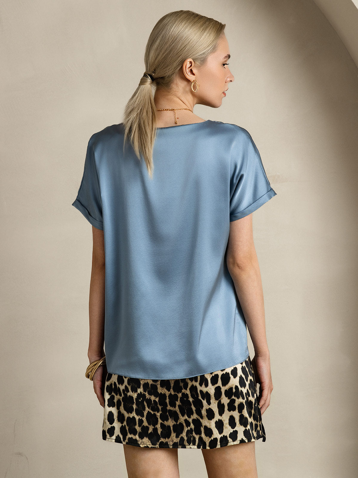[Azul Grisáceo] SilkSilky-ES 19Momme Manga corta Cuello Barco Camisetas de Mujer 002
