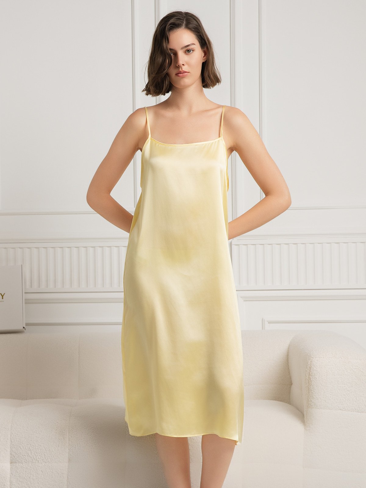 [Amarillo Claro] SilkSilky-ES 19Momme Seda Sin mangas Dress 003