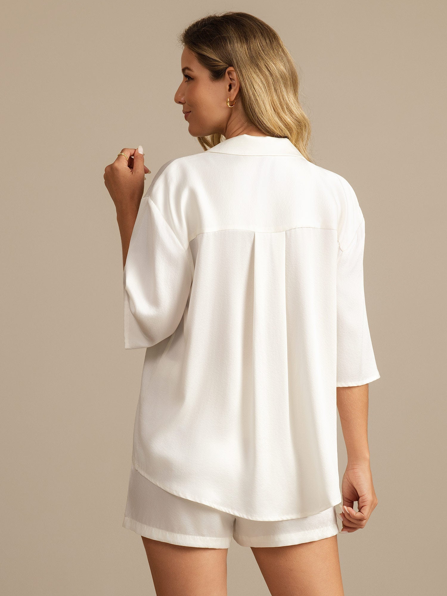 [Blanco] SilkSilky-ES 19Momme Seda Pura Cuello Camisero Pijamas de mujer 002,