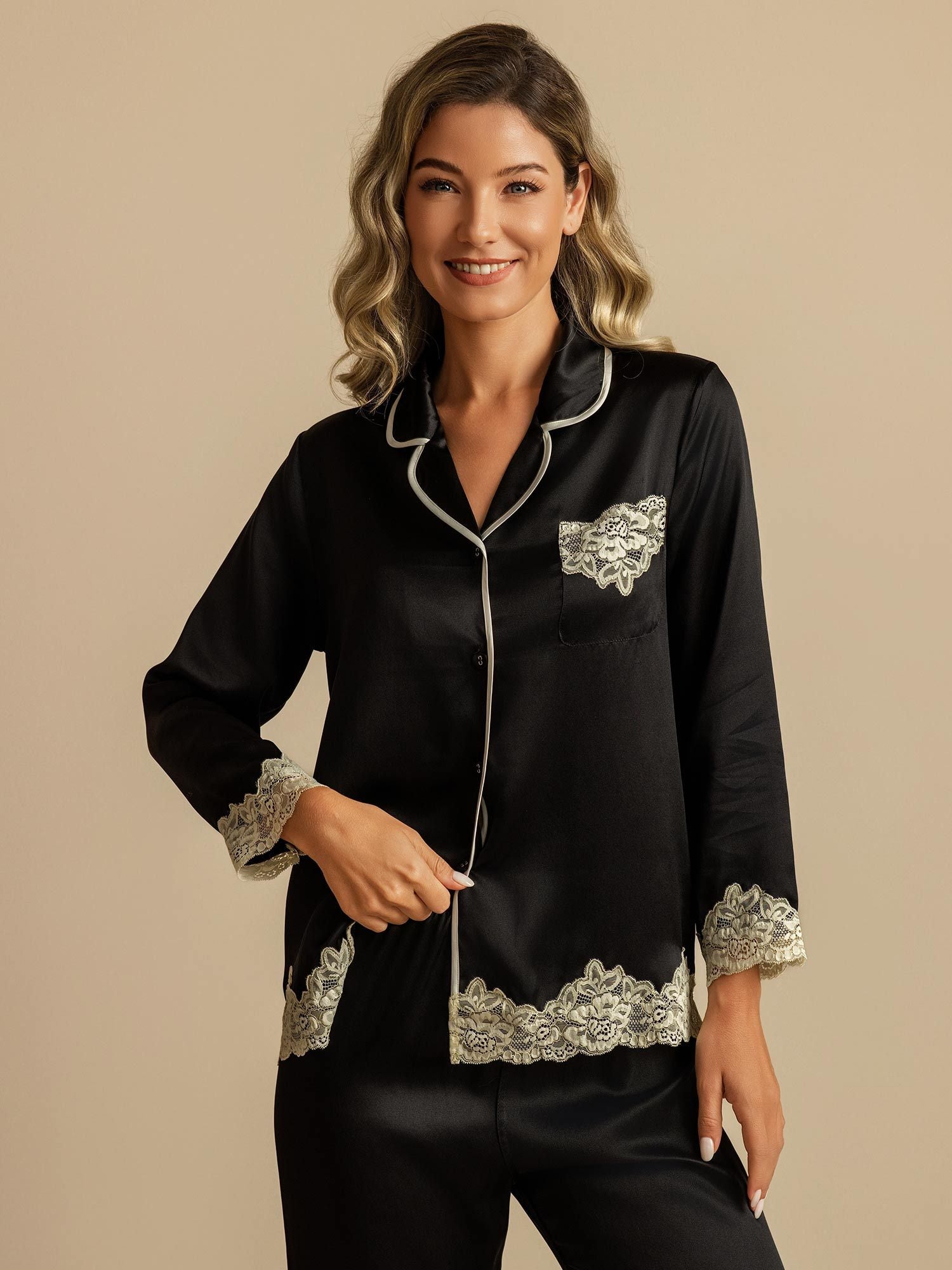 [Negro] SilkSilky-ES Seda Pura Womens Pajamas 007