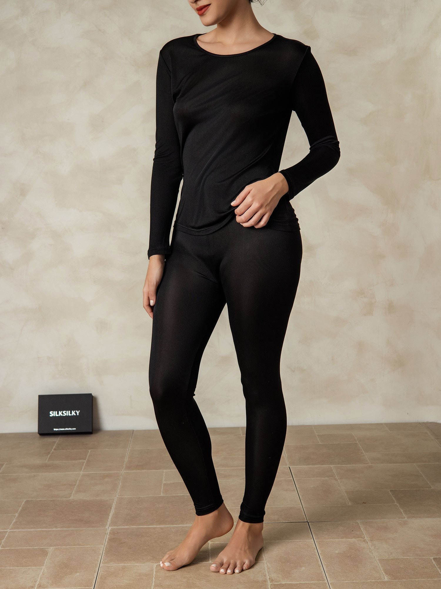 [Negro] SilkSilky-ES Manga larga Cuello Redondo Ropa Interior Larga Mujer 004