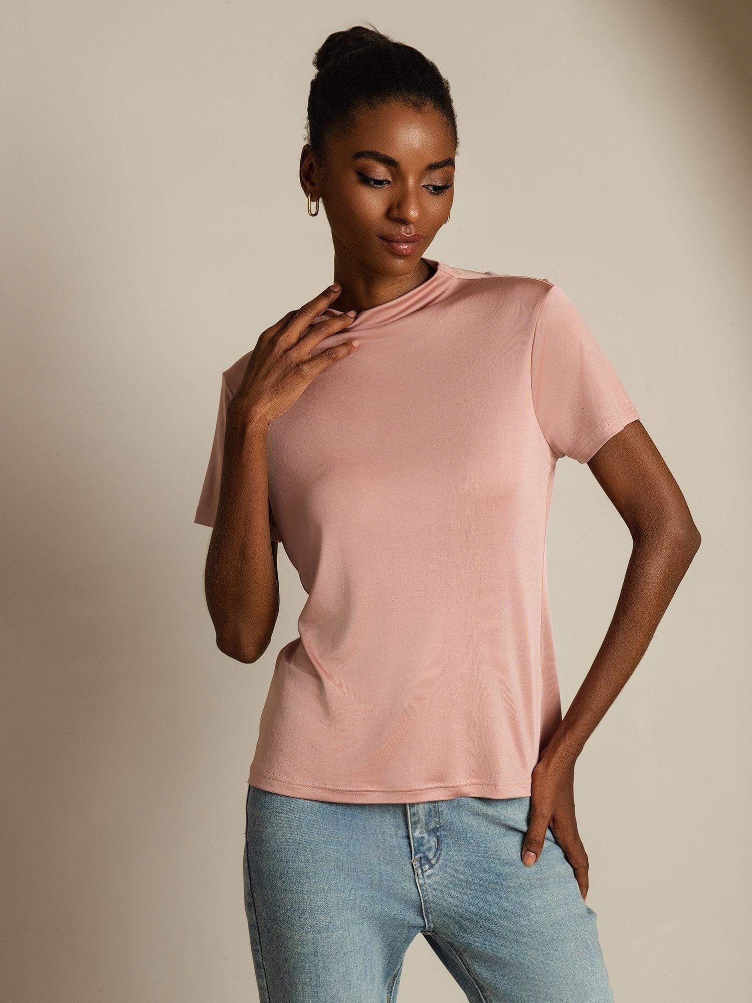 [Rosa] SilkSilky-ES Seda Pura Cuello Camisero Camisetas de Mujer 005