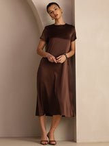 [Chocolate Negro] SilkSilky-ES Short Sleeve Crew Neck Vestido 003