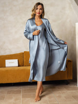 [Azul Grisáceo] SilkSilky-ES Long Sleeve V Neck Conjunto de camisón y bata 006