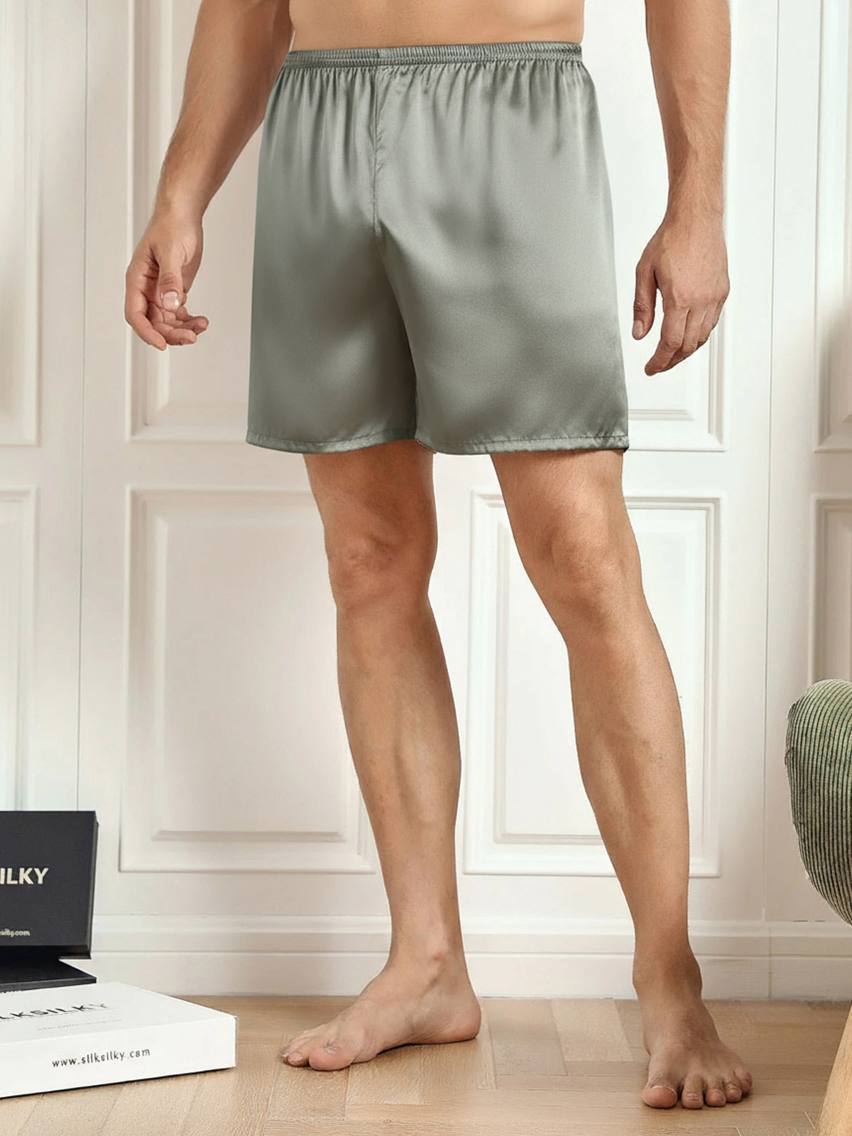[Verde Grisáceo] SilkSilky-ES Seda Pura Mens Sleep Bottoms 002