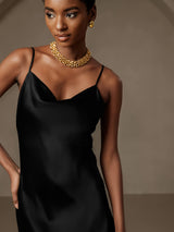 [Negro] SilkSilky-ES Spalline Sottili Cuello Drapeado Vestido 007