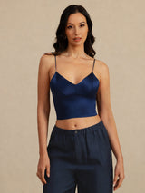 [Azul Oscuro] SilkSilky-ES Spaghetti Strap V Neck Top de tirantes 003
