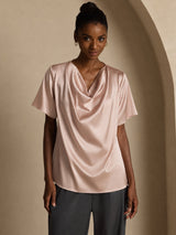 [Toscana] SilkSilky-ES Short Sleeve Cowl Neck Blusas 001