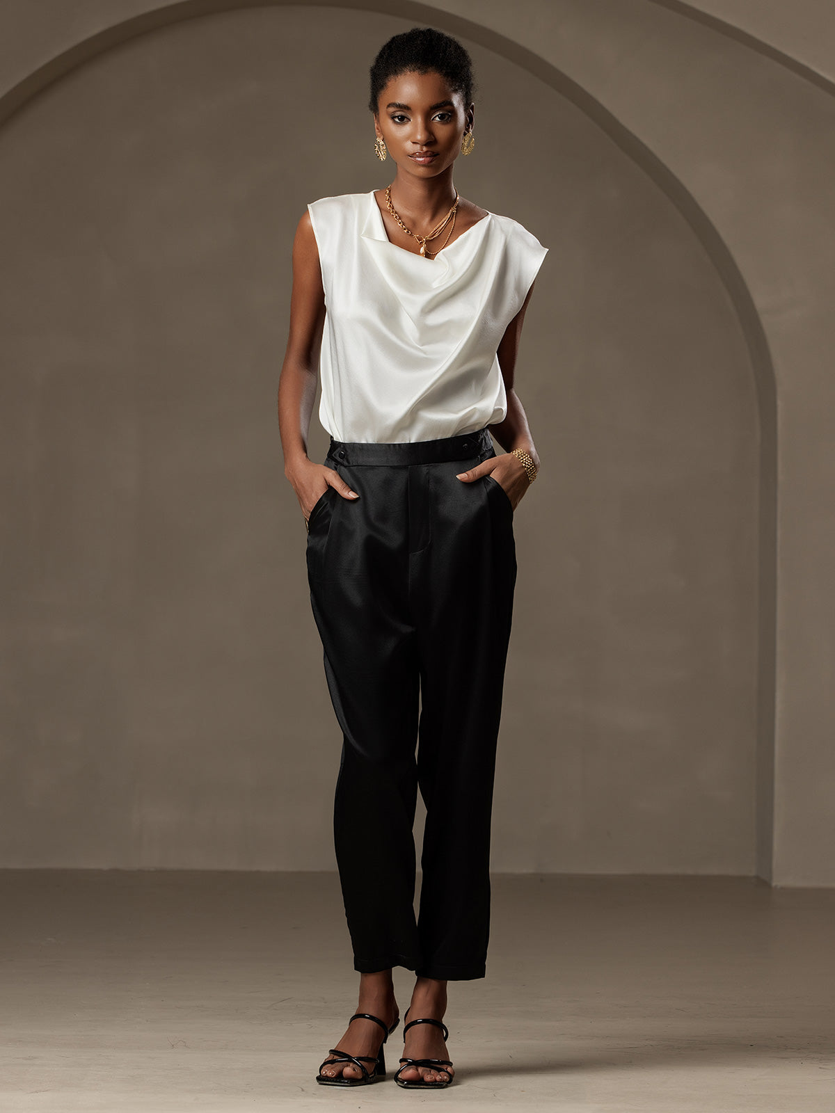 [Negro] SilkSilky-ES 19Momme Seda Womens Pants 006