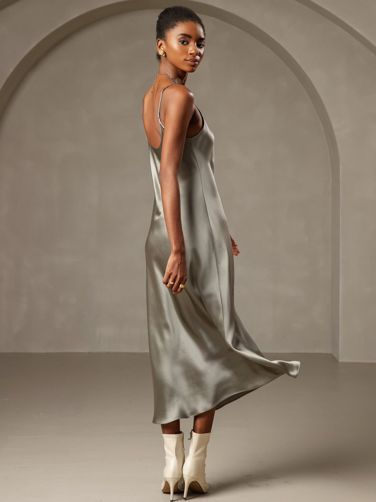 [Verde Grisáceo] SilkSilky-ES Seda Pura Nightgown 002,