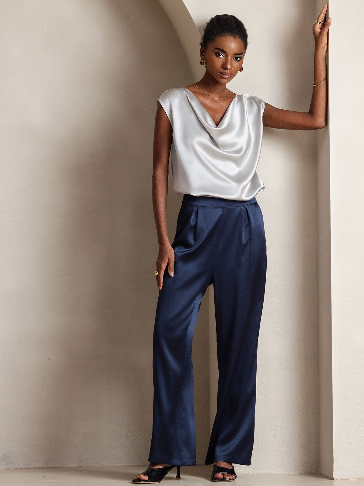 [Azul Oscuro] SilkSilky-ES 19Momme Seda Womens Pants 001