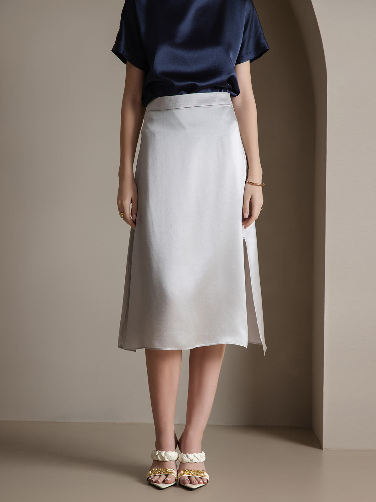 [Gris Claro] SilkSilky-ES 19Momme Seda Skirt 005