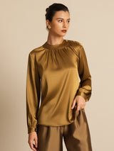 [Bronce] SilkSilky-ES 19Momme Manga larga Cuello Redondo Blusa 001
