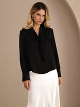 [Negro] SilkSilky-ES Long Sleeve Tie Neck Blusas 001
