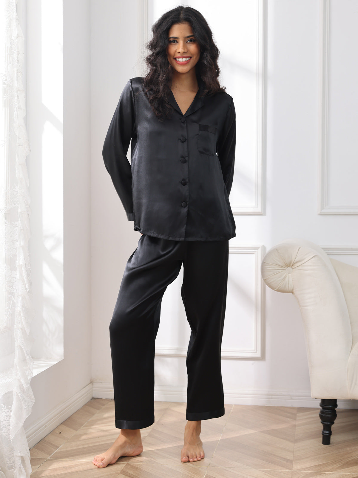 [Negro] SilkSilky-ES Seda Pura Womens Pajamas 004,