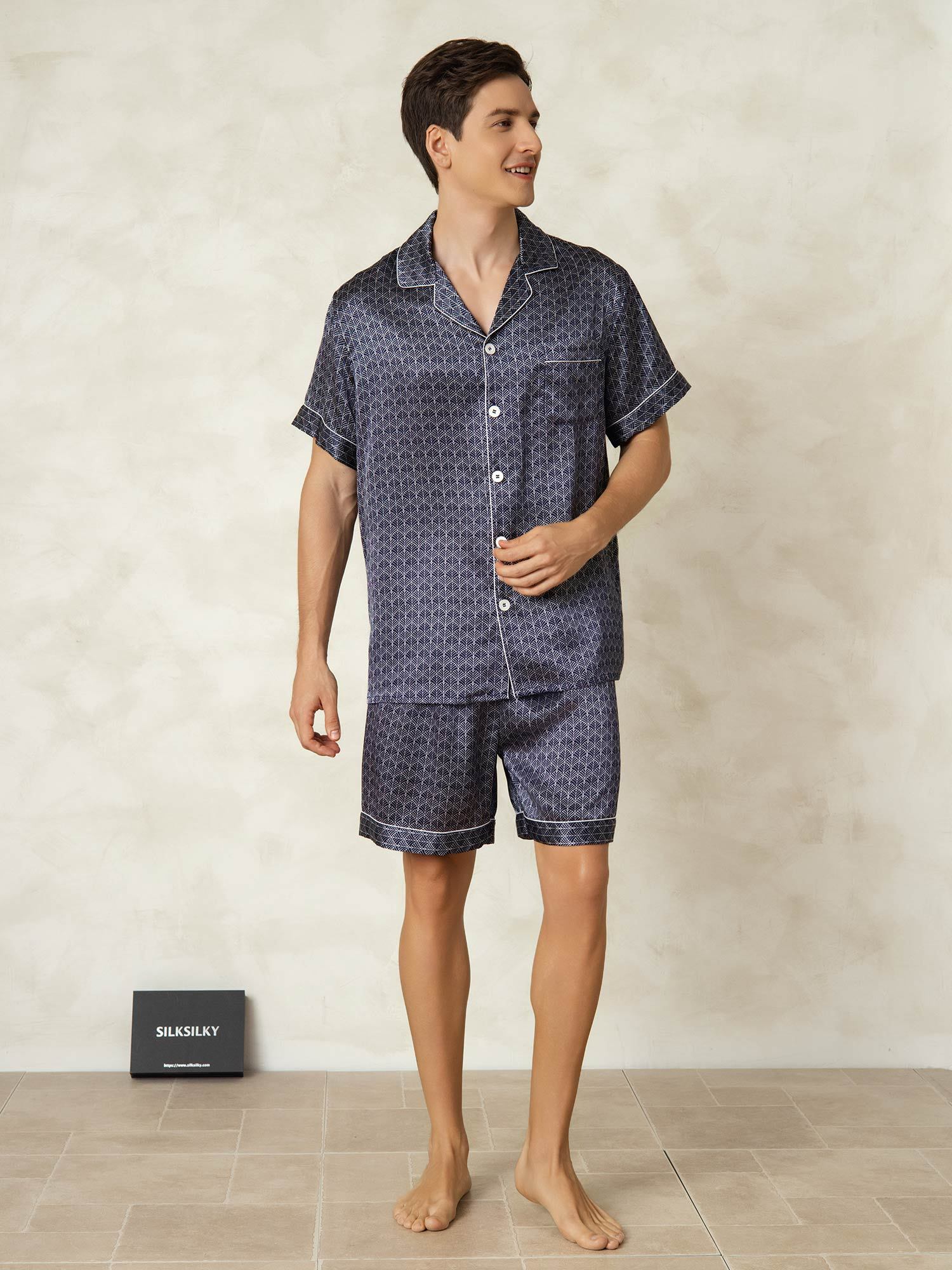 [GinkgoAzulMarino] SilkSilky-ES Seda Pura Lapel Collar Pijamas de hombre 006